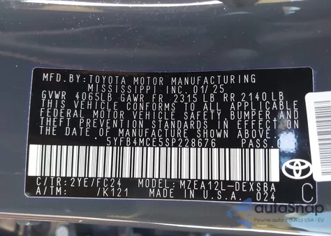 2025 Toyota Corolla Fx z USA, uszkodzony, nr VIN 5YFB4MCE5SP228676